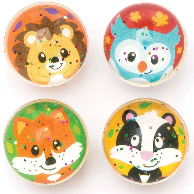 Woodland Friends Glitter Bouncy Balls (Pack of 8) Pocket Money Toys 4 assorted colours - Green, Red, Yellow & Orange