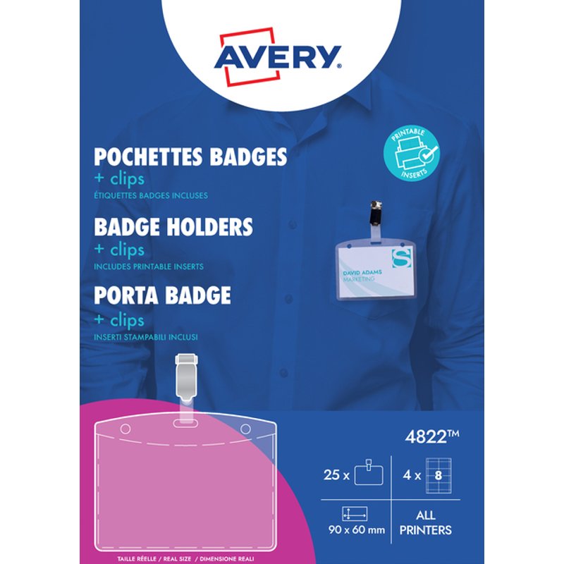 Badge Avery met clip 4822 60x90mm 25 stuks + 32 insteekkaarten