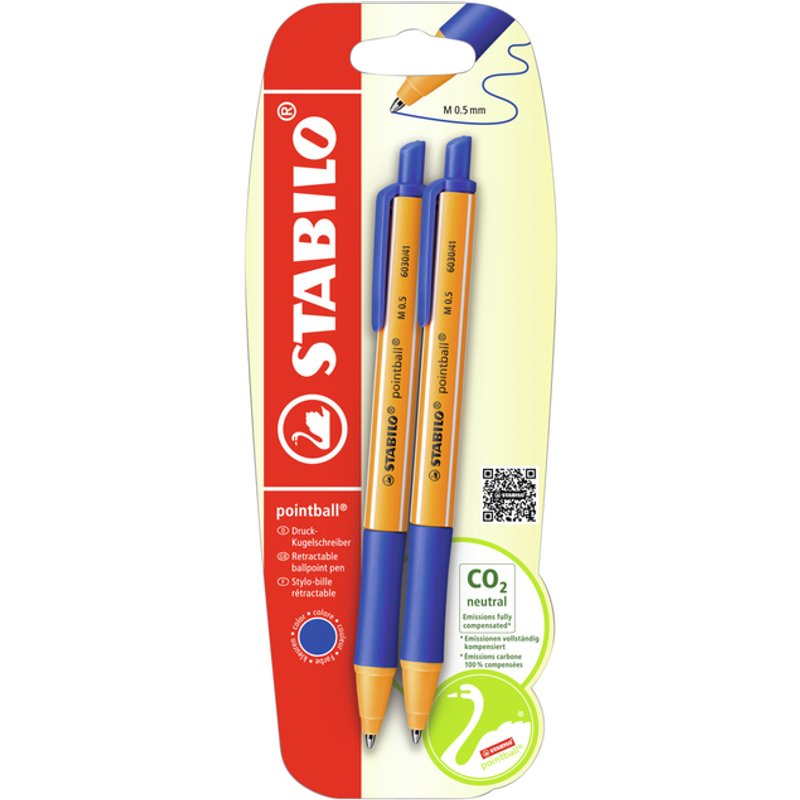 Balpen STABILO pointball 6030/41 medium blauw blister à 2 stuks