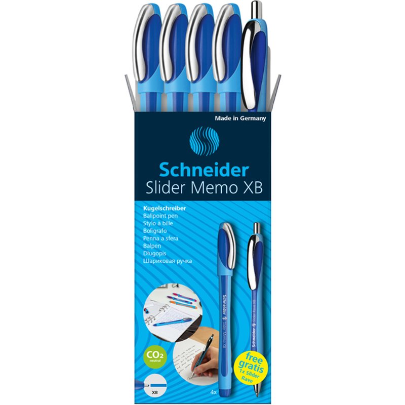 Balpen Schneider Slider Memo XB blauw set à 4 stuks + 1 gratis Slider balpen