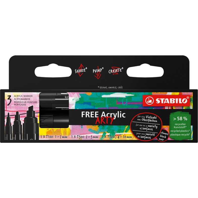 Acrylmarker STABILO Free Acrylic Mixed Tip set à 3 breedtes zwart
