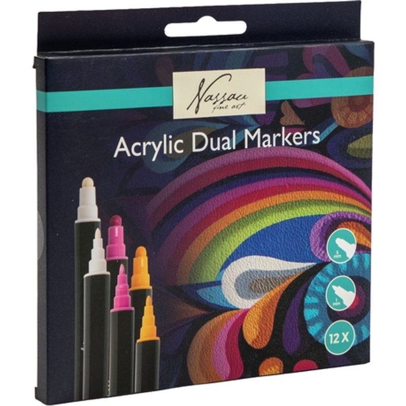 Acrylmarker Nassau Dual tip set à 12 kleuren