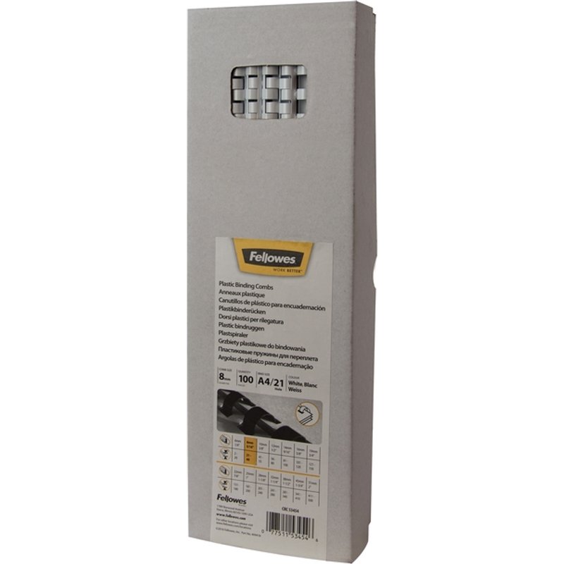 Bindrug Fellowes 8mm 21rings A4 wit 100 stuks