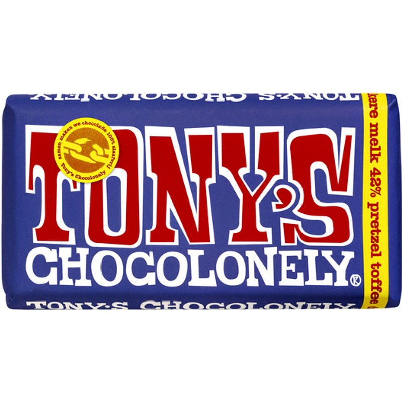 Chocolade Tony's Chocolonely donker melk pretzel toffee reep 180gr