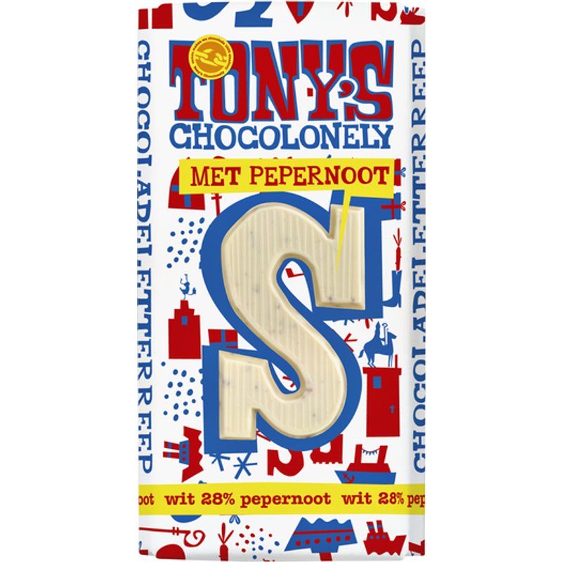 Chocoladeletter Tony's Chocolonely wit pepernoot S 180gr
