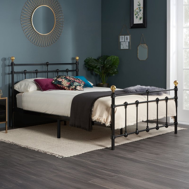 Atlas Black Metal Bed Frame with Antique Brass Finials