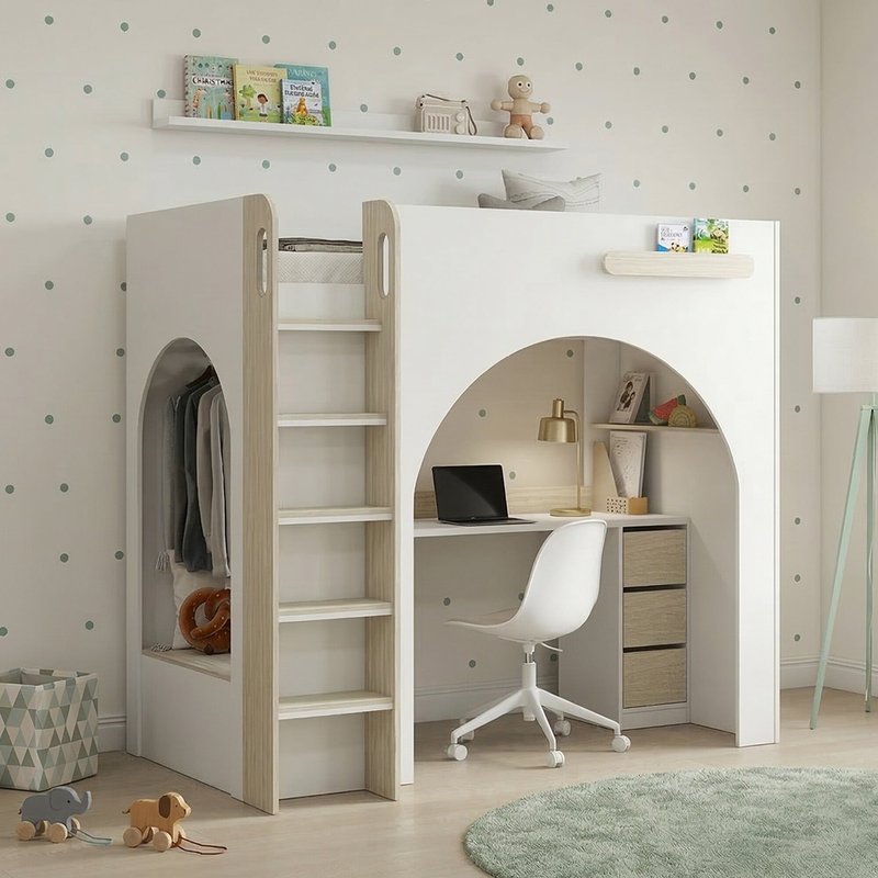 Curve Storage High Sleeper Bed with Desk, Shelving and Wardrobe