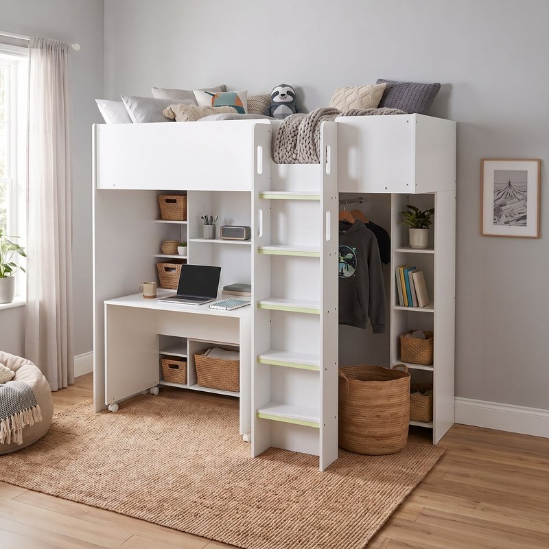 Tao Storage High Sleeper Bed with Desk, Shelving and Wardrobe
