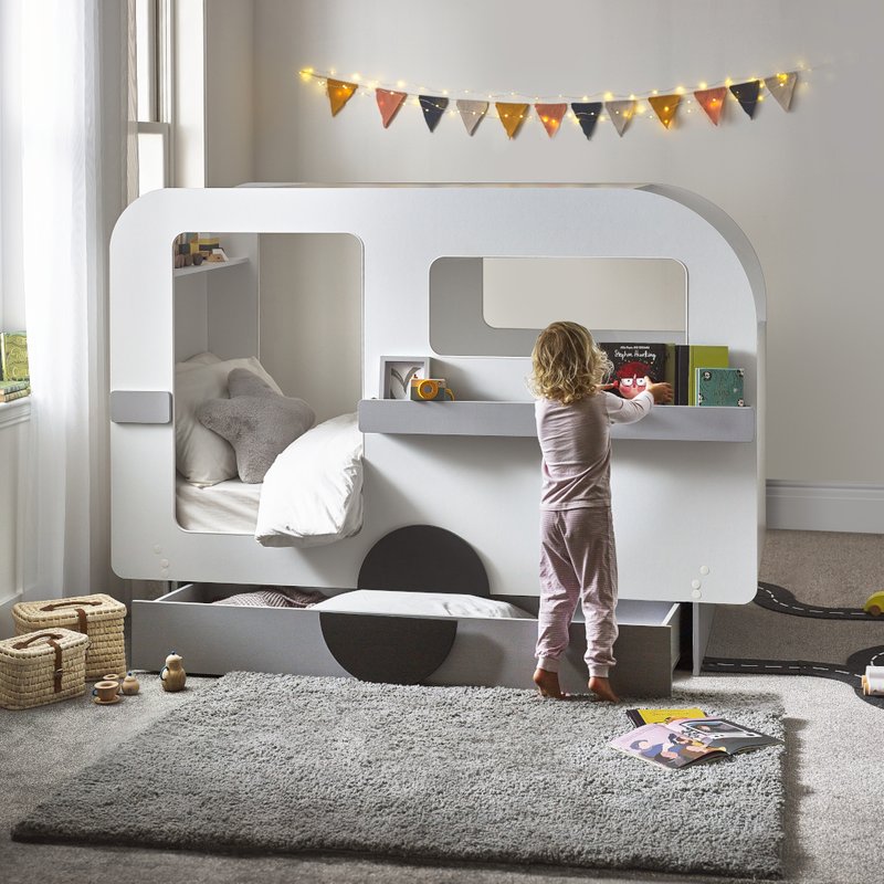 Tourer Caravan Shaped Kids Bed with Shelving and Underbed Drawer