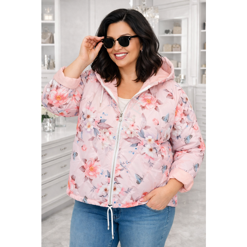 Pikowana kurtka wiosenna w kwiaty Plus Size biust do 130cm różowa