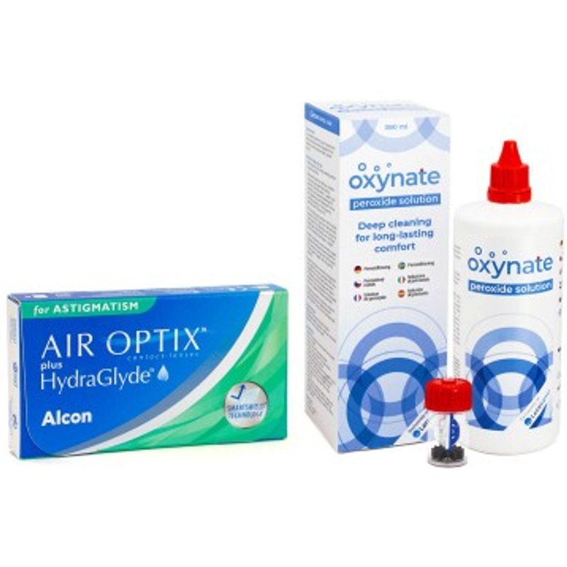 Air Optix Plus Hydraglyde for Astigmatism (3 lentilles) + Oxynate Peroxide 380 ml avec étui