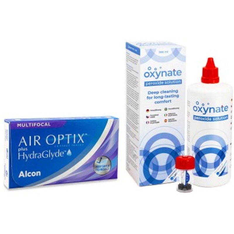 Air Optix Plus Hydraglyde Multifocal (3 lentilles) + Oxynate Peroxide 380 ml avec étui