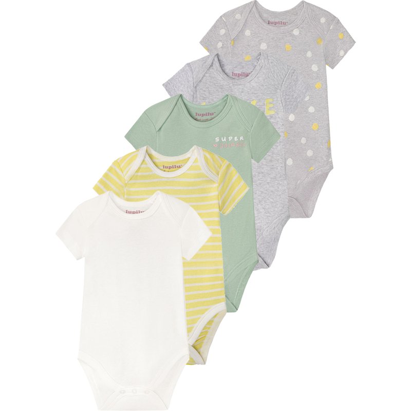lupilu® Lot de 5 bodies manches courtes bébé (gris/jaune/menthe)