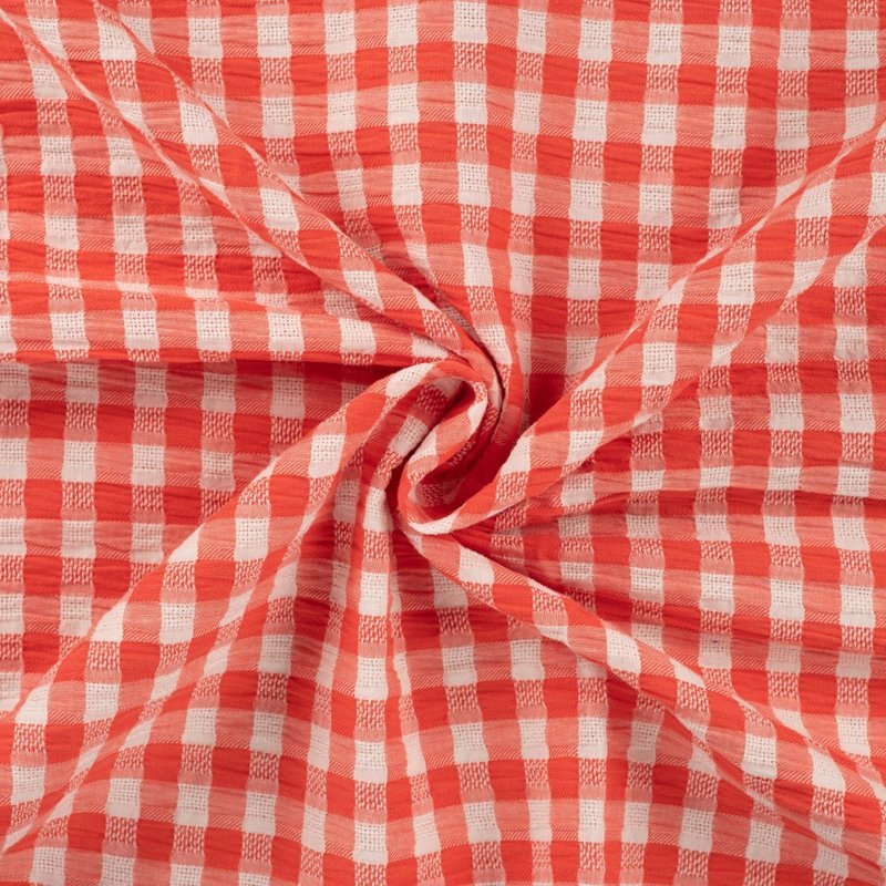 Tissu seersucker imprimé vichy corail - Mondial Tissus