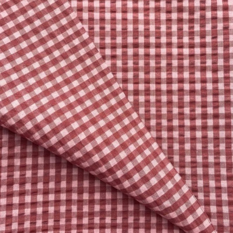 Tissu seersucker vichy cacao et rose thé - DOMOTEX - Mondial Tissus