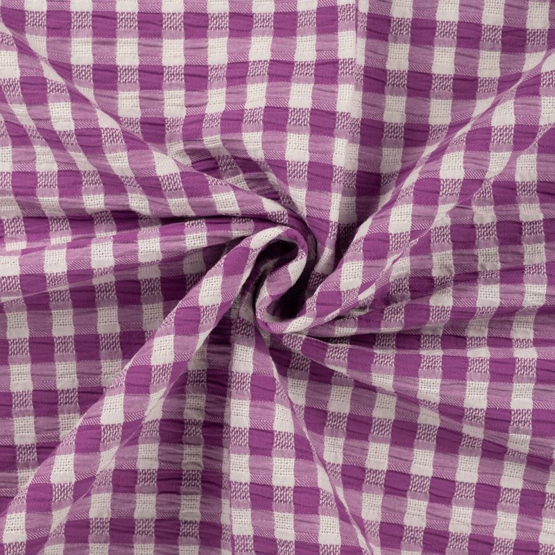 Tissu seersucker imprimé vichy violet rose - Mondial Tissus