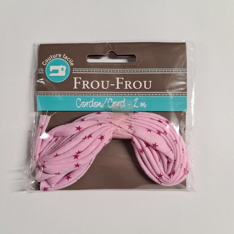 Cordon spaghetti 7 mm x 2 m rose motif étoiles - Frou Frou - Mondial Tissus
