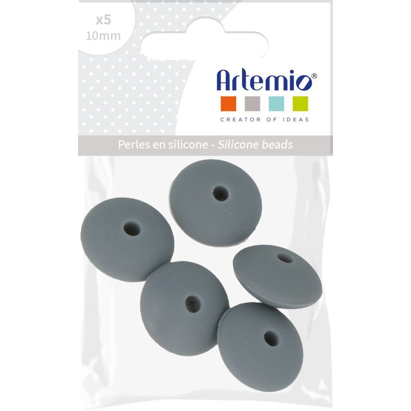 Lot 5 perles silicone soucoupe 12mm anthracite - Artemio - Mondial Tissus