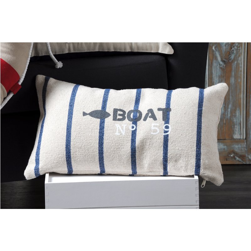 Coussin coton beige imprimé Boat rayé marine 30 x 50cm - STOF - Mondial Tissus