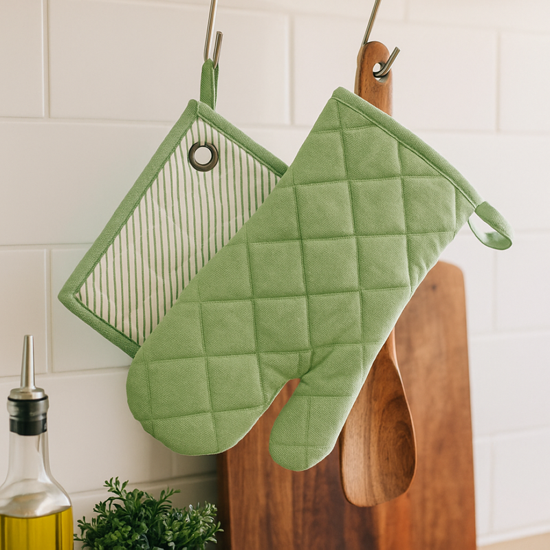 Lot de gant et manique barbecue rayures vert 20x20 cm et 18x28 cm - MT - Mondial Tissus