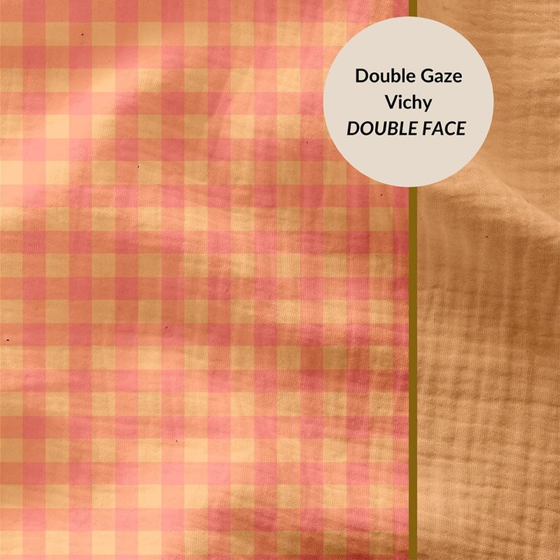 Tissu double gaze vichy sorbet et melon verso uni marron - DOMOTEX - Mondial Tissus