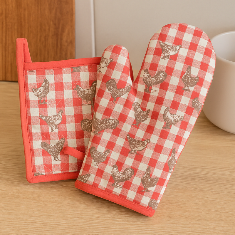 Gant et manique poulpette vichy rouge 18x28 cm et 20x20 cm - MT - Mondial Tissus