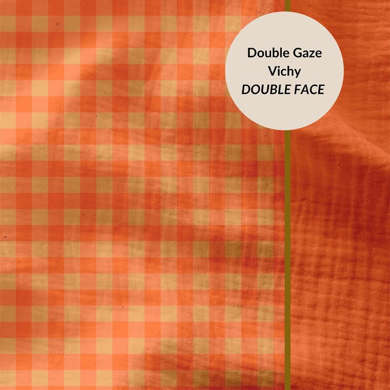 Tissu double gaze vichy camel et tangerine verso uni orange - DOMOTEX - Mondial Tissus