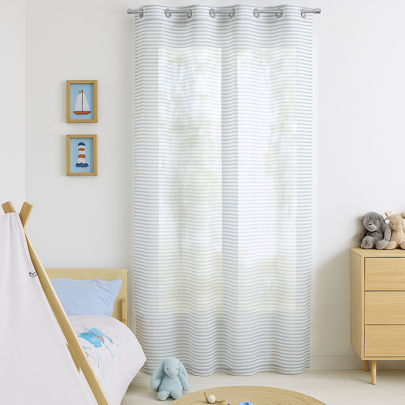 Voilage Santorin marin blanc bleu 140x240cm - Mondial Tissus