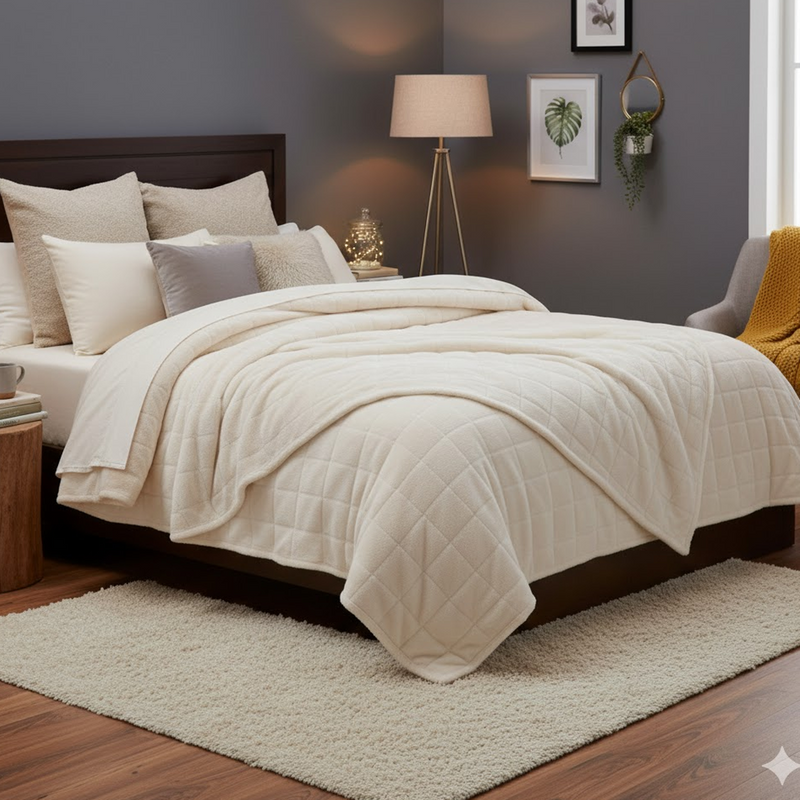 Boutis velours fourrure carreaux écru 230 x 250 cm. - MT - Mondial Tissus