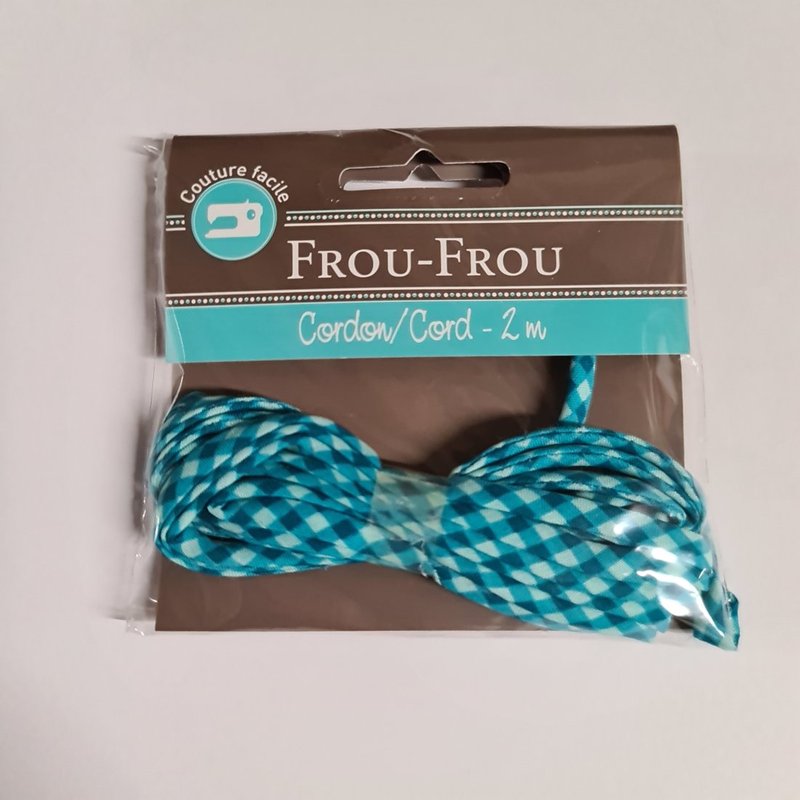 Cordon spaghetti 7 mm x 2 m vichy bleu turquoise - Frou Frou - Mondial Tissus