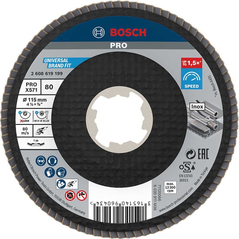 Bosch PRO X Lock Zirconium Abrasive Flap Disc 115mm 80g Pack of 1