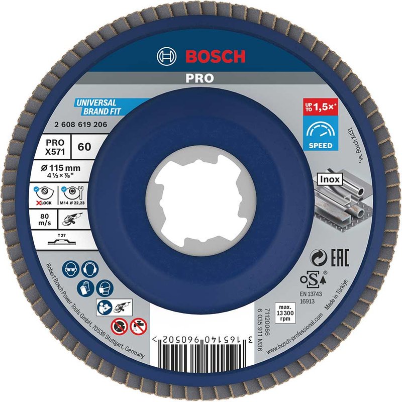 Bosch PRO X Lock Zirconium Abrasive Straight Flap Disc 115mm 60g Pack of 1