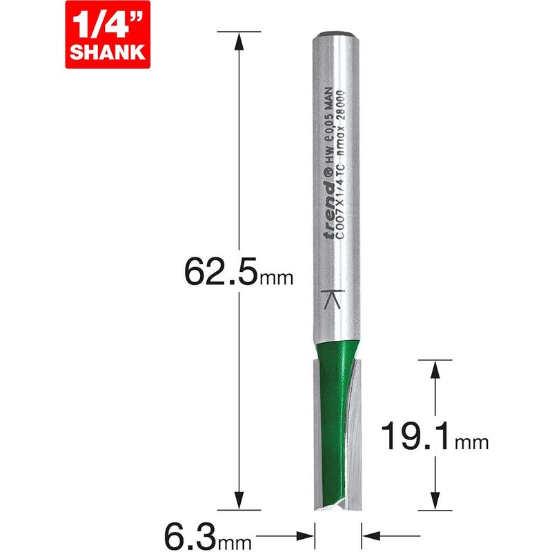 Trend CRAFTPRO Two Flute Straight Router Cutter 6.3mm 19.1mm 1/4"