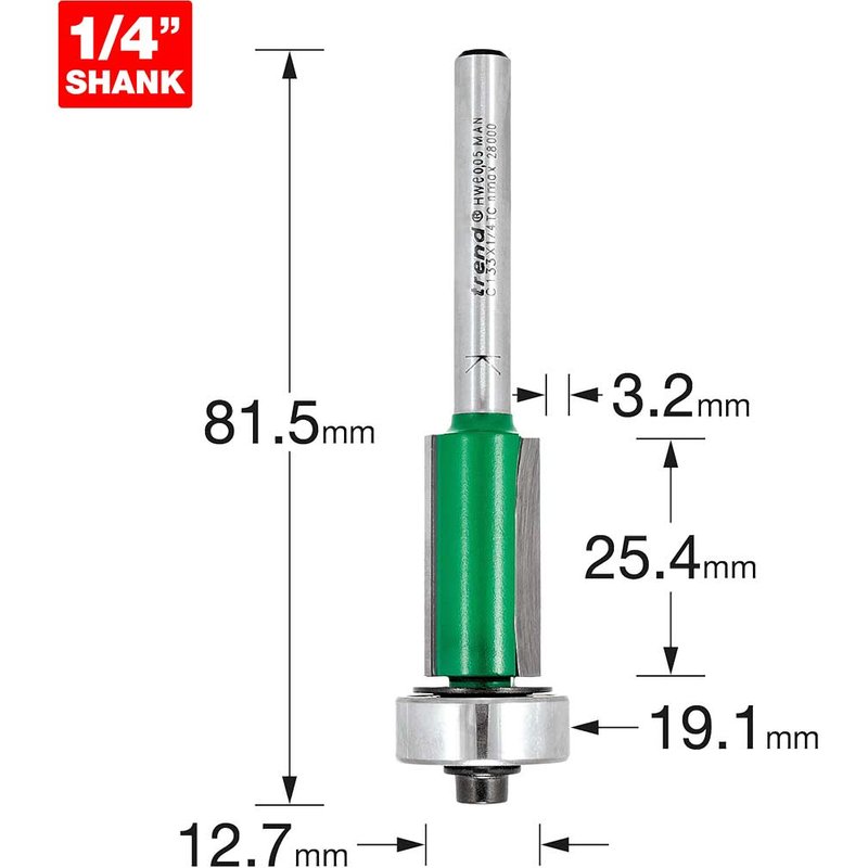 Trend CRAFTPRO Bearing Guided Overlap Trimmer Router Cutter 12.7mm 25.4mm 1/4"