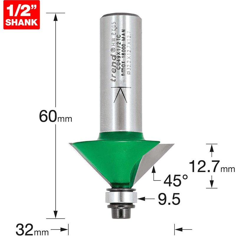Trend CRAFTPRO Chamfer Bearing Guided Router Cutter 32mm 12.7mm 1/2"