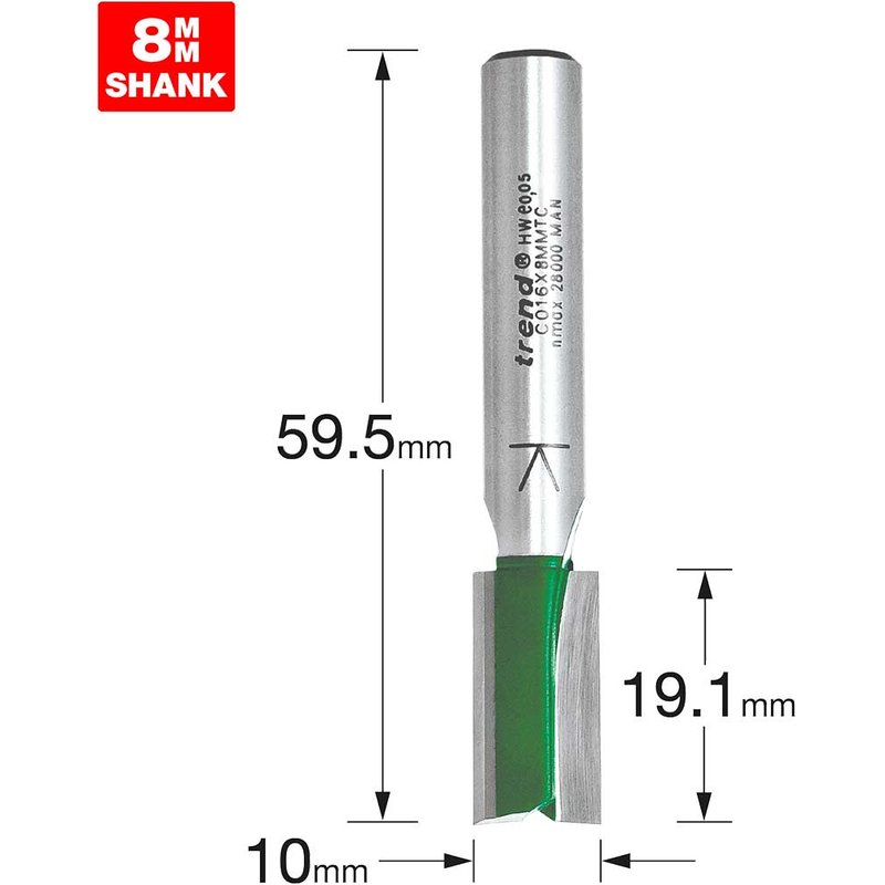 Trend CRAFTPRO Two Flute Straight Router Cutter 10mm 19.1mm 8mm