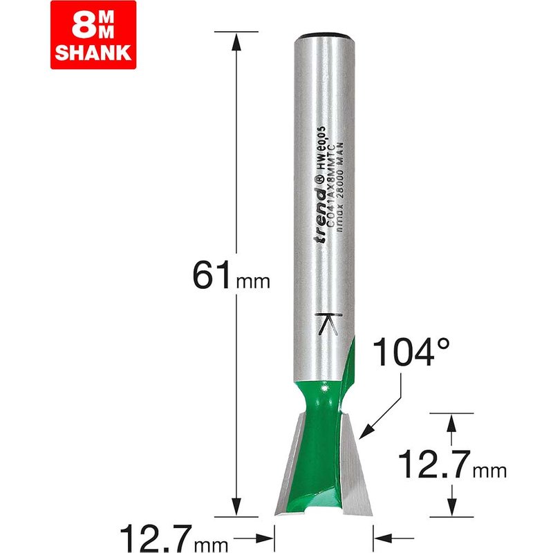 Trend CRAFTPRO Dovetail Router Cutter 12.7mm 12.7mm 8mm