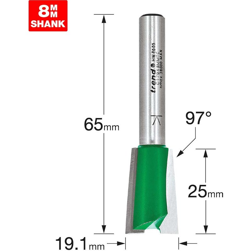 Trend CRAFTPRO Large Dovetail Router Cutter 19mm 25mm 8mm