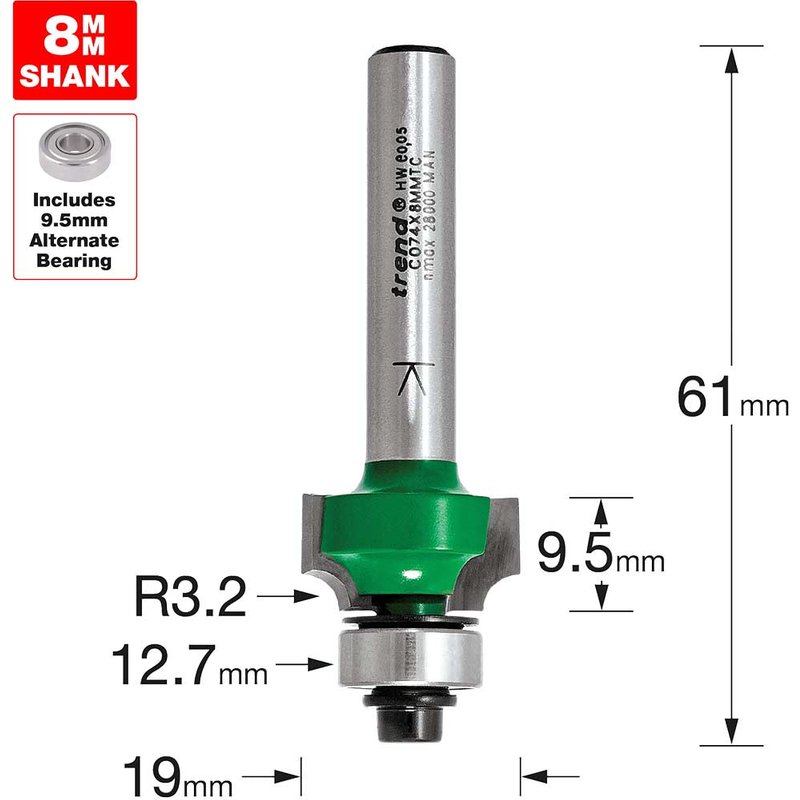 Trend CraftPro Bearing Guided Round Over and Ovolo Router Cutter 18.7mm 9.5mm 1/4"