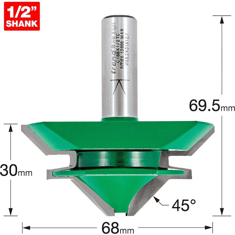 Trend CRAFTPRO Mitre Lock Joint Router Cutter 68mm 30mm 1/2"