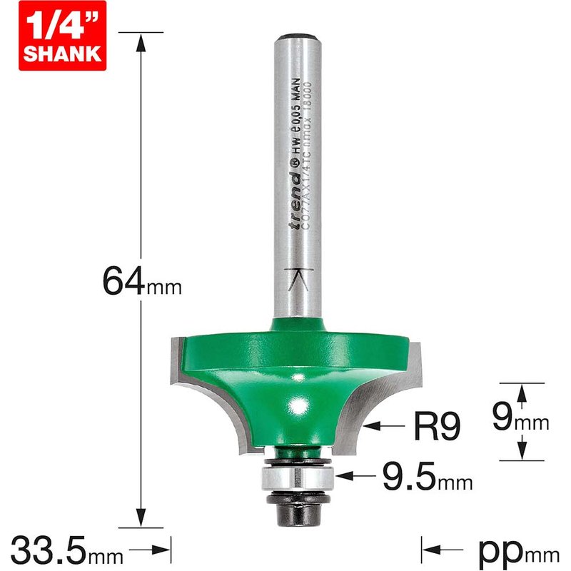 Trend CRAFTPRO Bearing Guided Shoulder Profile Router Cutter 33.5mm 9mm 1/4"