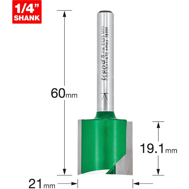 Trend CRAFTPRO Two Flute Straight Router Cutter 21mm 19mm 1/4"