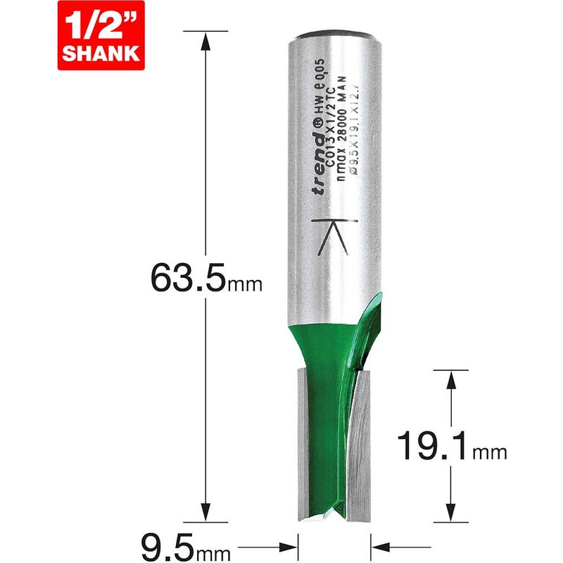 Trend CRAFTPRO Two Flute Straight Router Cutter 9.5mm 19.1mm 1/2"