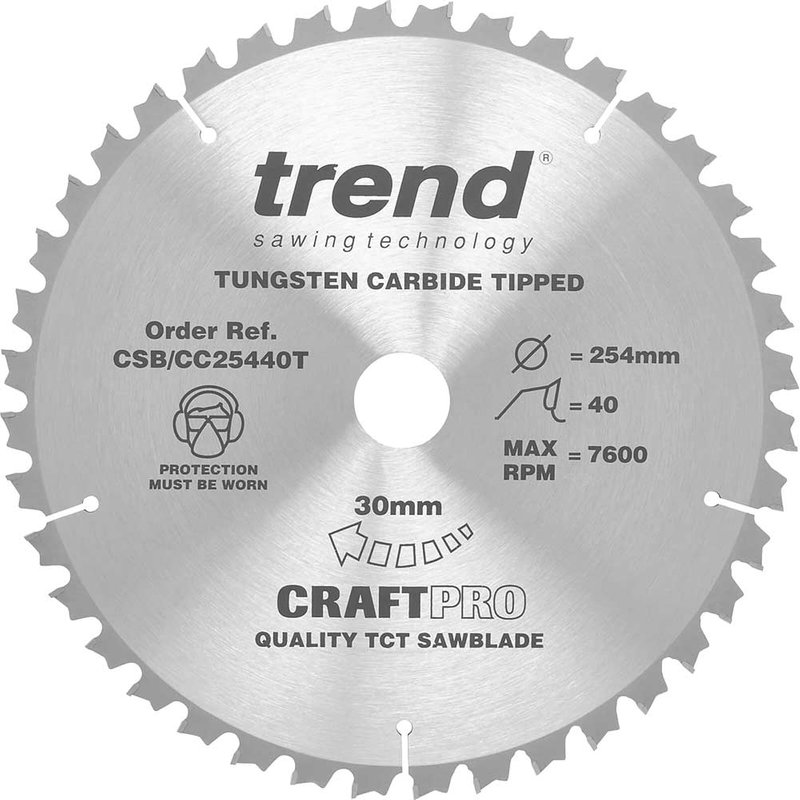 Trend CRAFTPRO Wood Cutting Cordless Mitre Saw Blade 254mm 40T 30mm