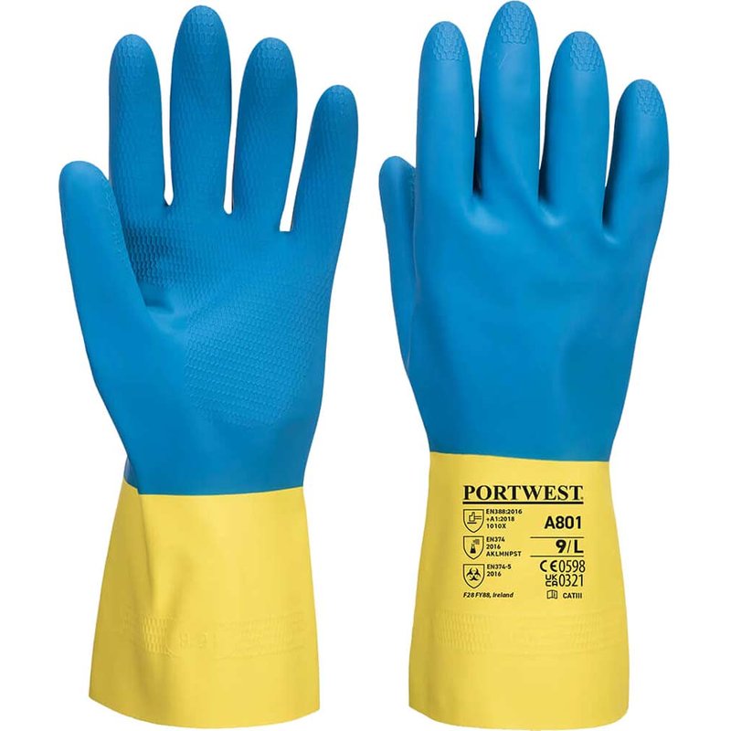 Portwest Double Dipped Latex Gauntlets Yellow / Blue XL Pack of 1