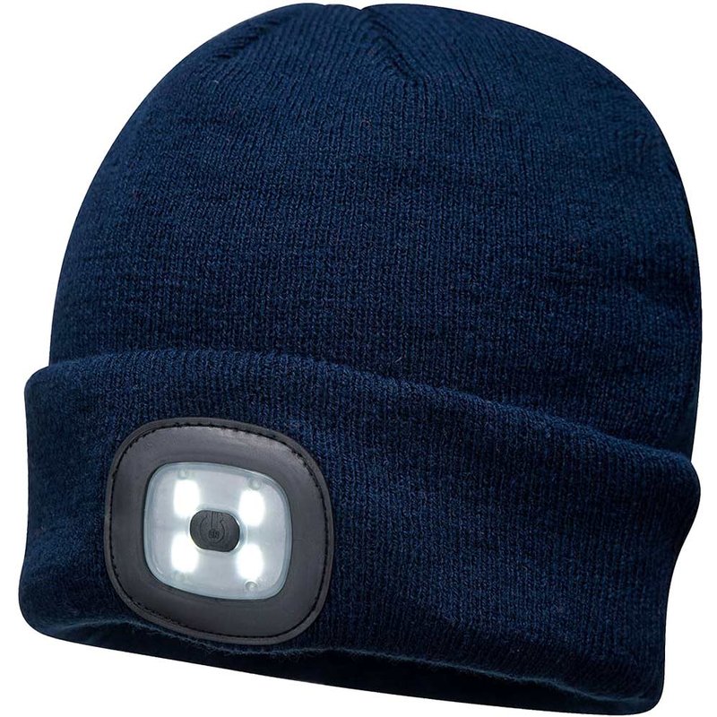 Portwest Beanie Hat and USB Rechargeable LED Head Light Navy One Size