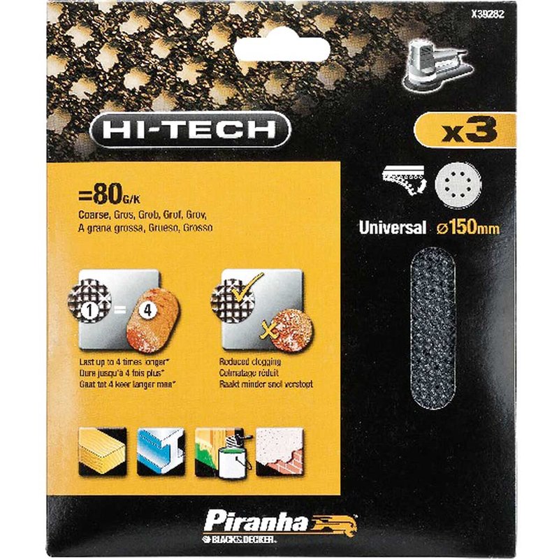 Black and Decker Piranha Hi Tech Quick Fit Mesh ROS Sanding Sheets 150mm 150mm 80g Pack of 3