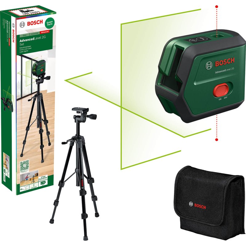 Bosch ADVANCEDLEVEL 2G Cross Line Green Laser Level and Tripod Set