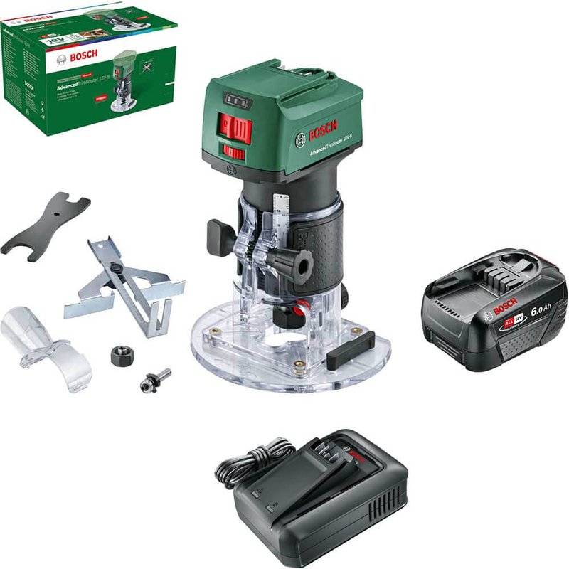 Bosch ADVANCEDTRIMROUTER 18V-8 P4A 18v Cordless Trim Router with Plunge Attachment 1 x 2.5ah Li-ion Battery Charger Case