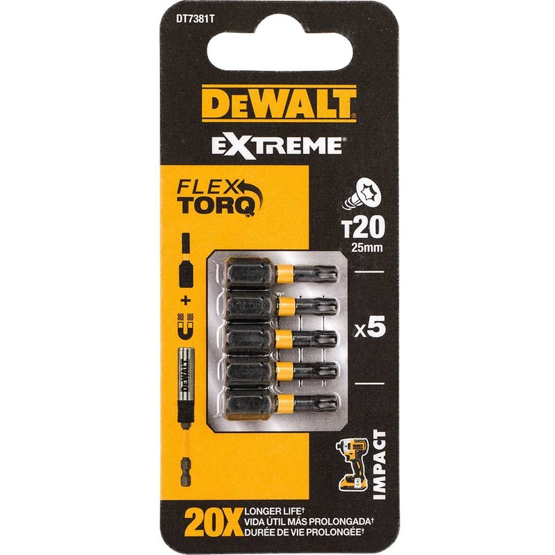 DEWALT Power Tools Impact Torsion Bits TX20 x 25mm (Pack 5) DT7381T-QZ